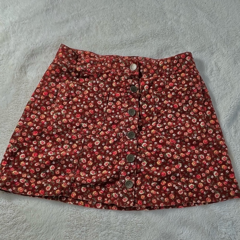 Red Orange Tiny Floral print mini skirt button down